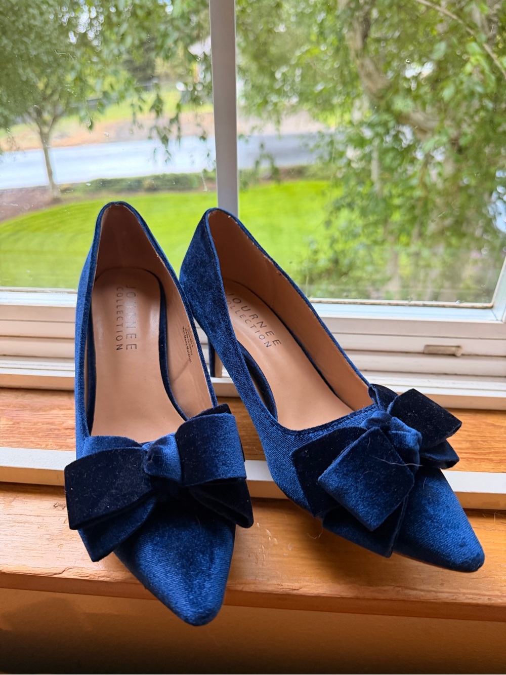 Deep Blue Velvet Bow Pointed Toe Pumps
